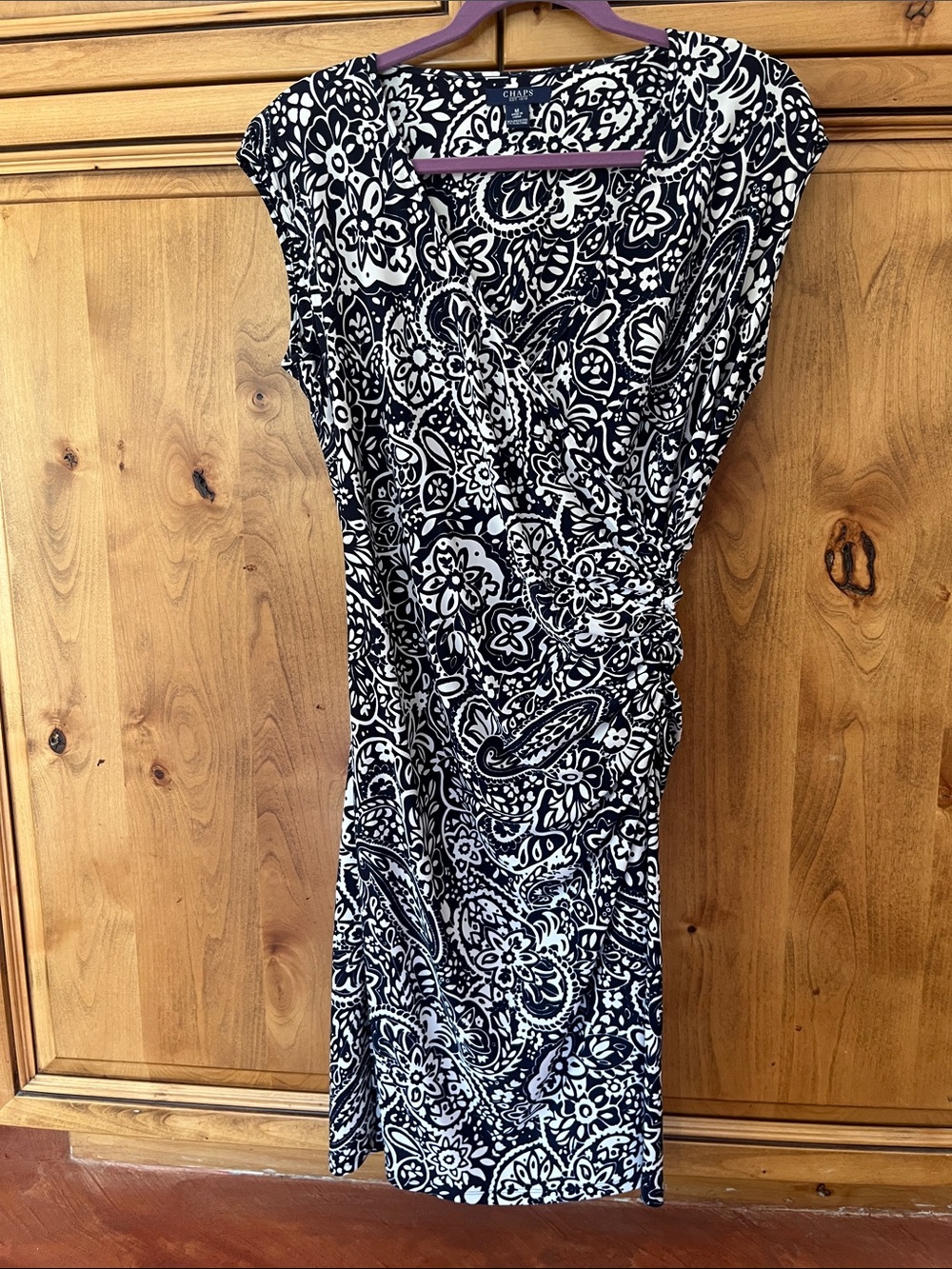 Chaps Black & White Paisley Midi Faux-Wrap Dress
